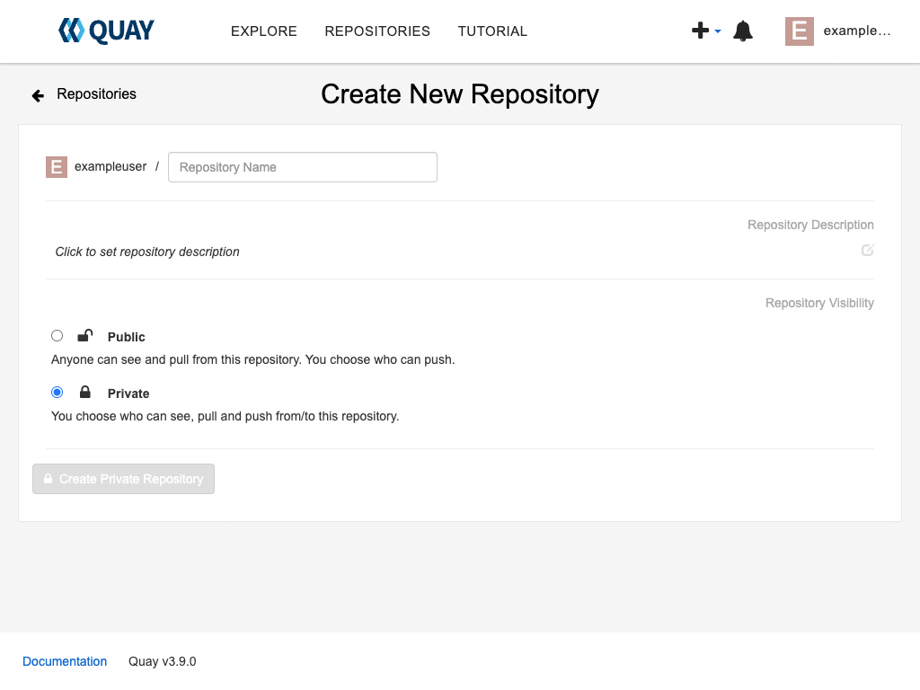 The Project Quay create repositories screen